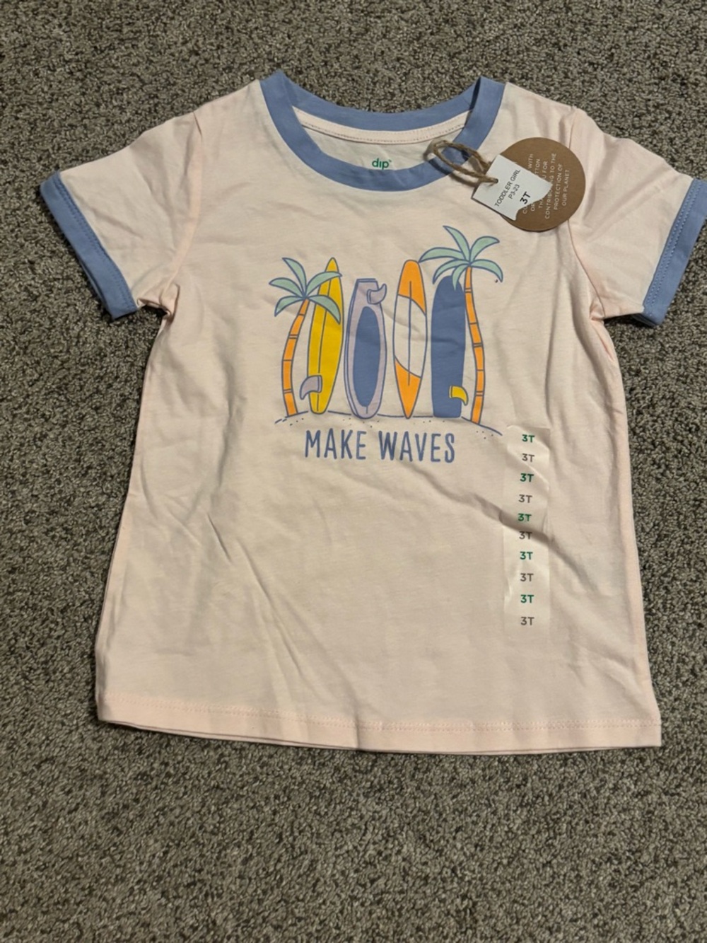 dip Light Pink Tee with Blue Trim and Surfboard Graphic